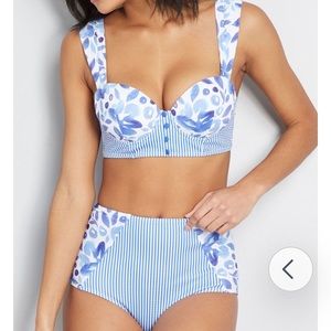 Modcloth Blue Stripe/Floral High Waist Bikini Top